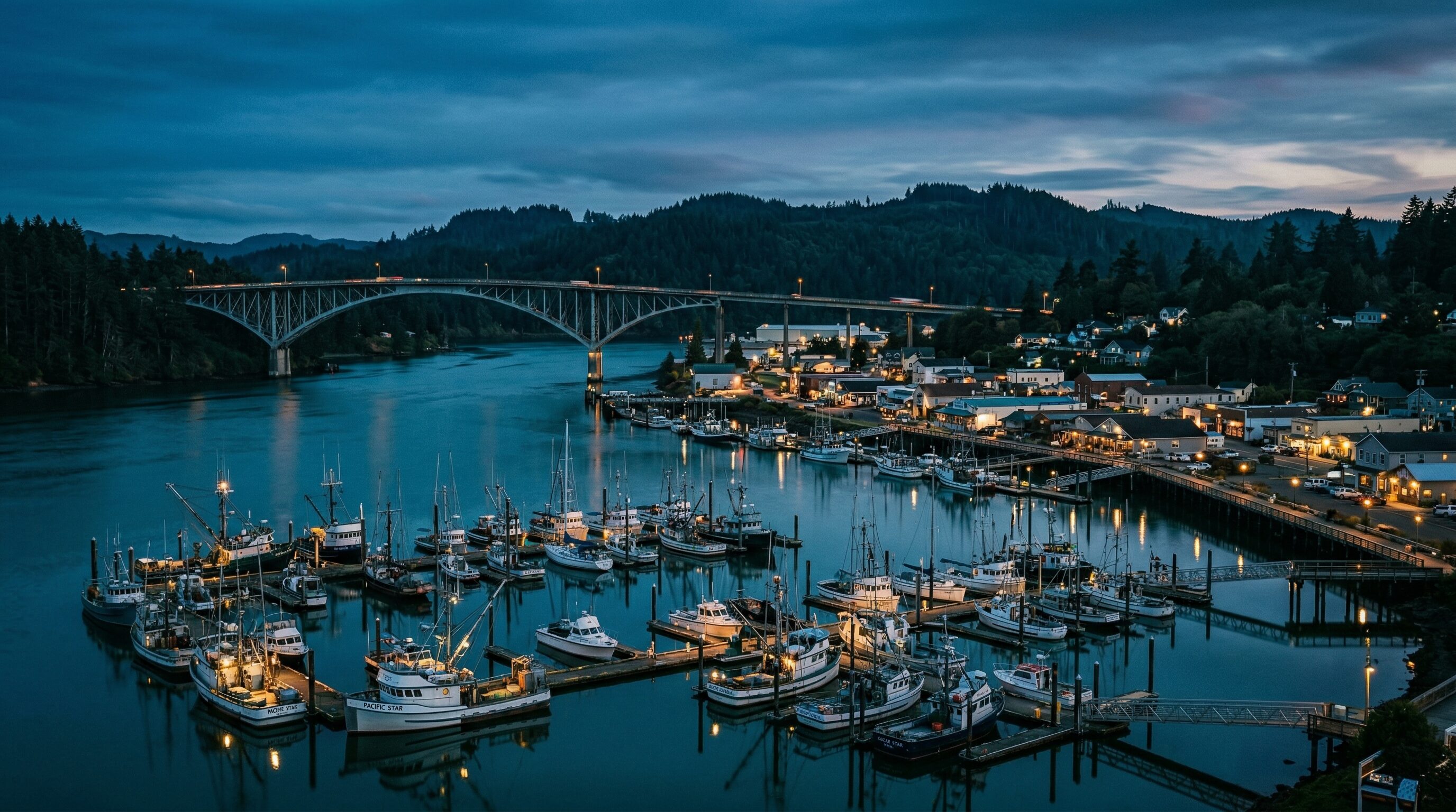 Coos Bay harbor with fishing boats and forested hillsides reflecting in calm water