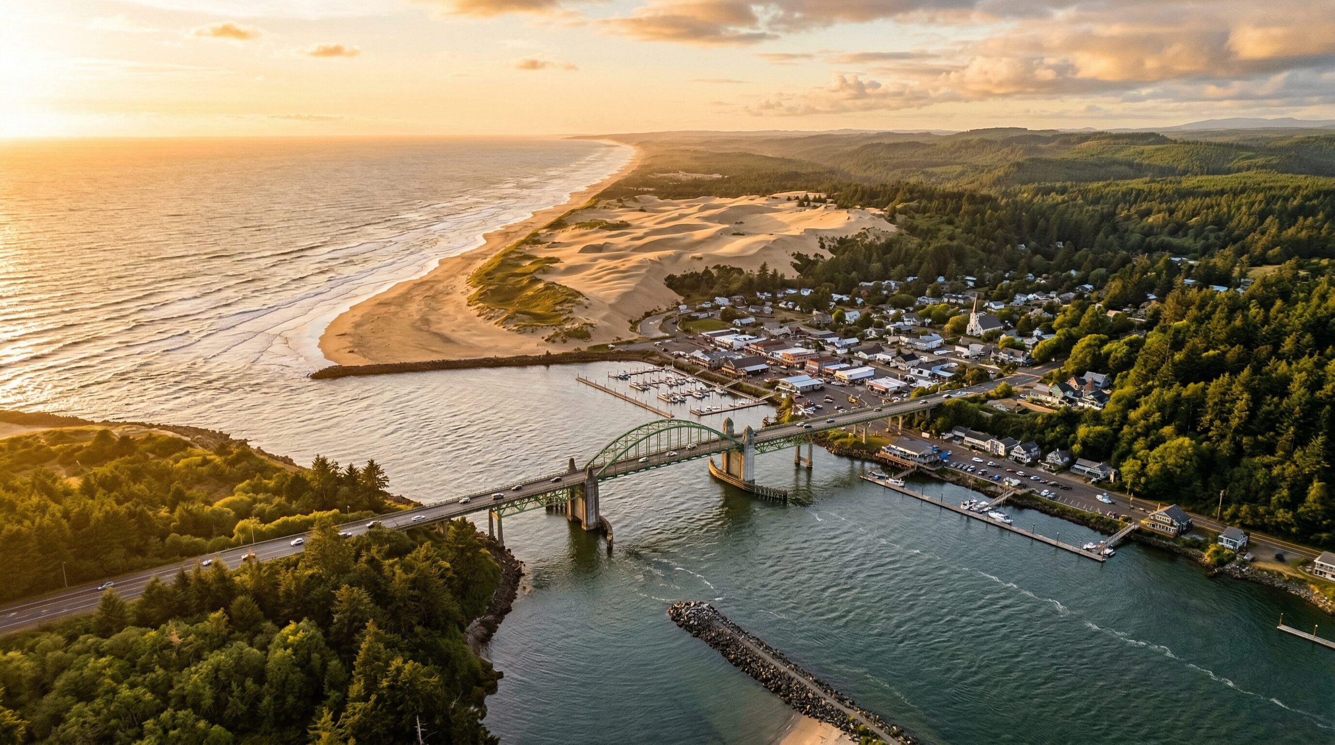 Florence Oregon Old Town at the mouth of the Siuslaw River with sand dunes and coastal scenery