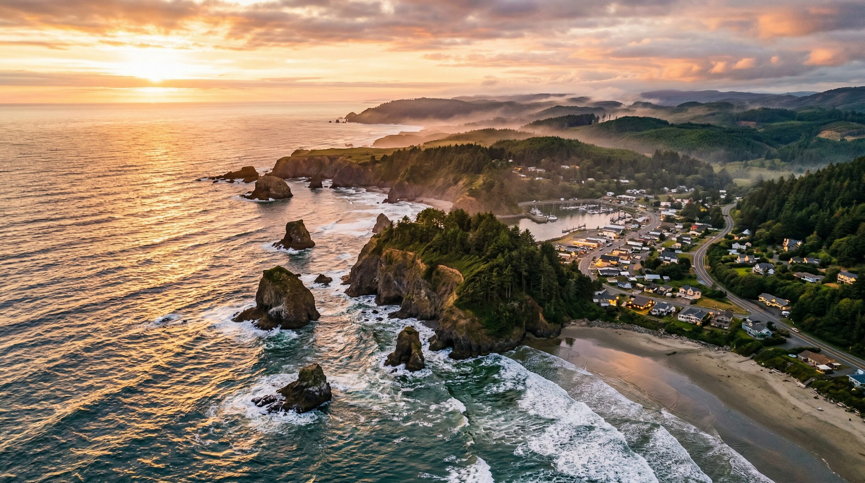 Scenic Southern Oregon Coast shoreline at golden hour, dramatic sea stacks rising from the Pacific Ocean